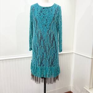 Lady Noiz Size S Dress Chenille Lace Mesh Ruffle Fairy Grunge Boho Cowgirl Teal